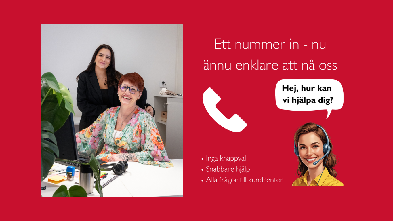 Två personer vid ett skrivbord, infografik om kundcenter med texten Ett nummer in