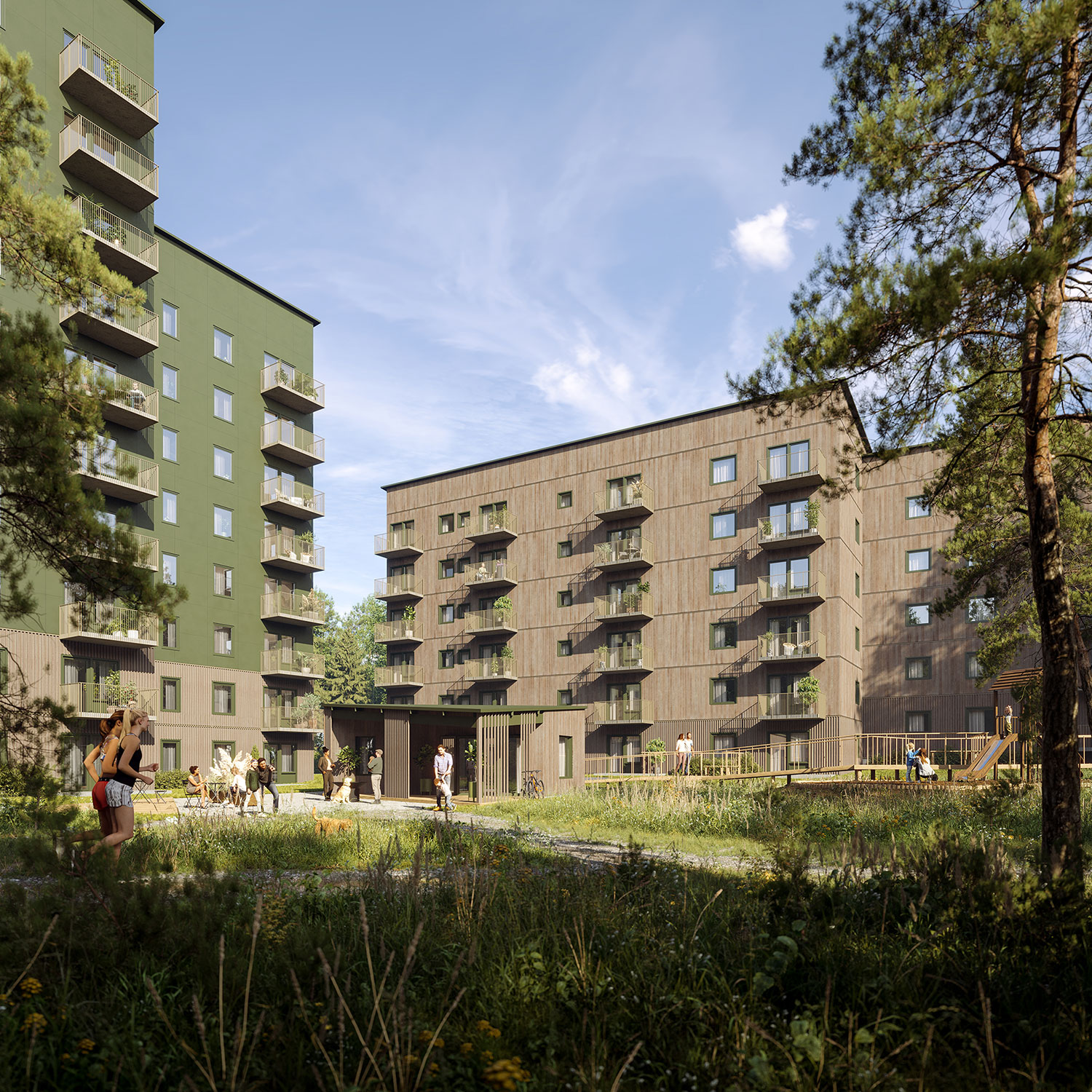 Illustrationsbild av ett bostadsområde med flerbostadshus, människor och träd