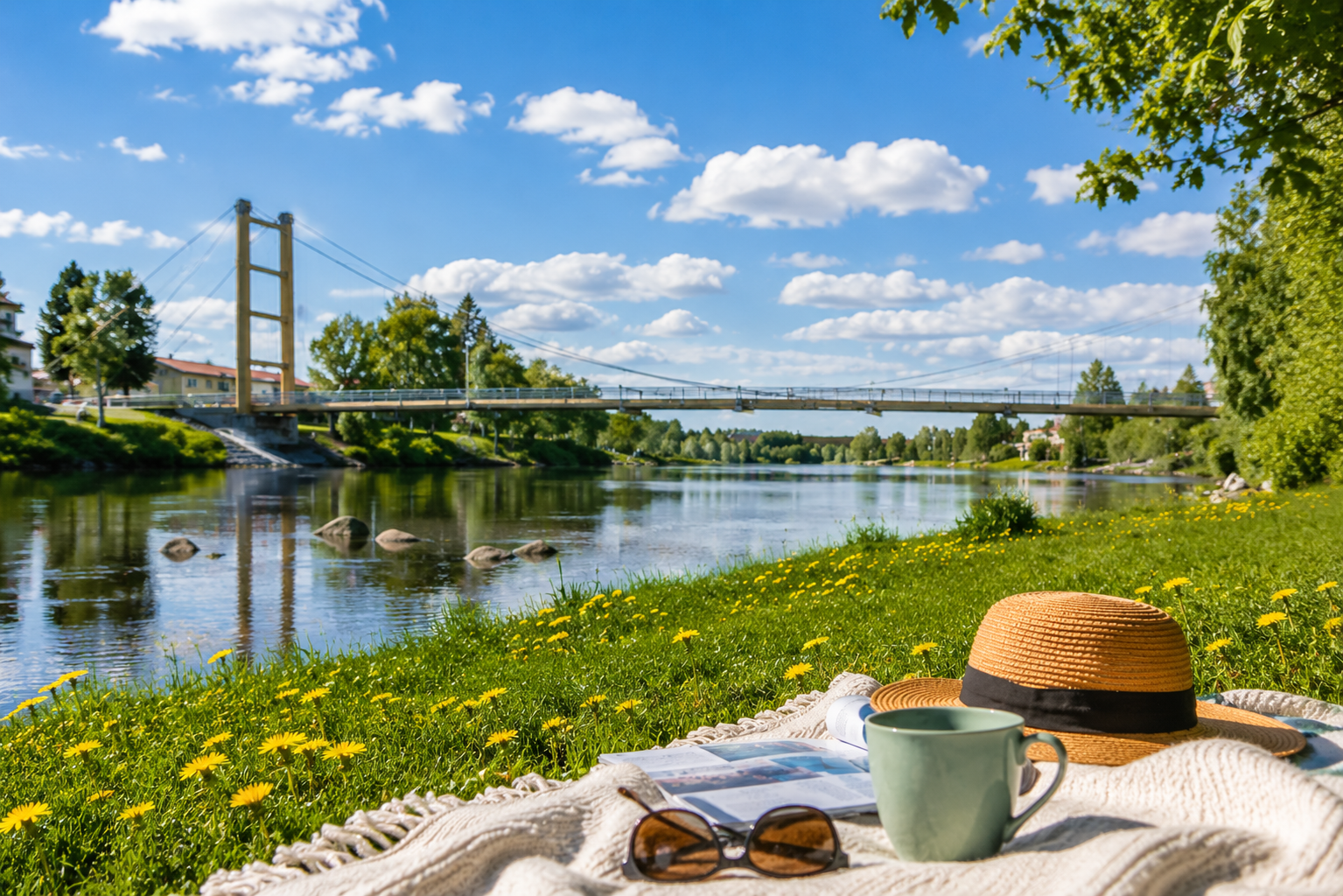 Somrig picnick vid älven med bro i bakgrunden